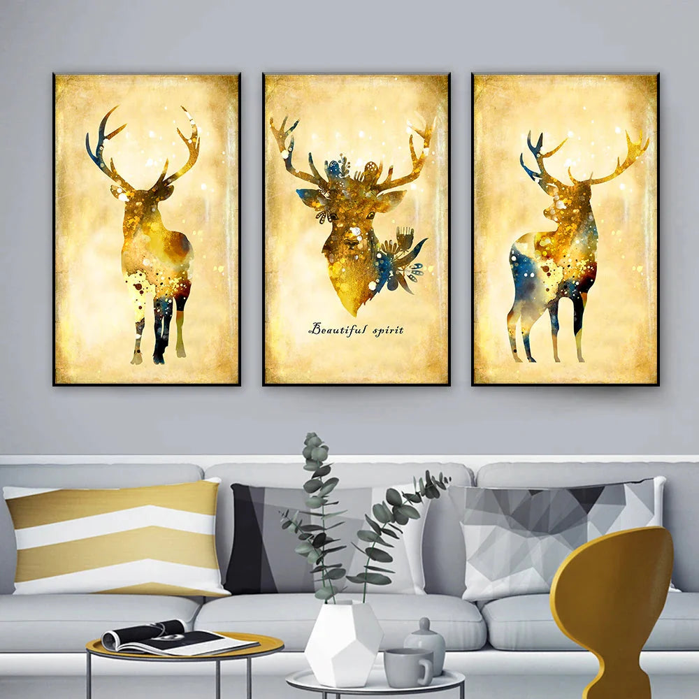 3 Stück Gold Hirsch Aquarell Tier Leinwandmalereien Weihnachts Wohnzimmer Dekorative Poster und Drucke für die Wohnkultur