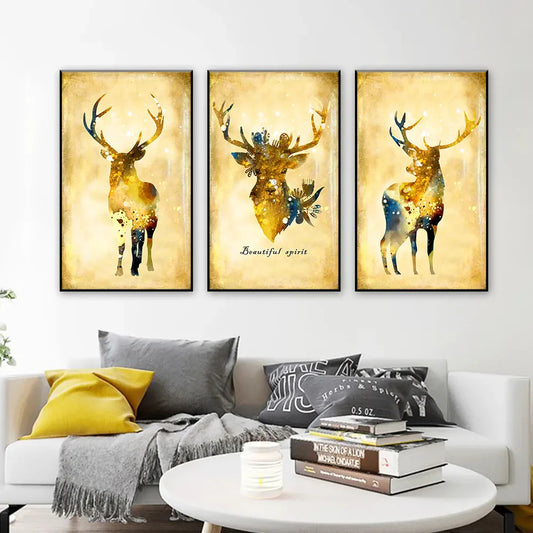 3 Stück Gold Hirsch Aquarell Tier Leinwandmalereien Weihnachts Wohnzimmer Dekorative Poster und Drucke für die Wohnkultur