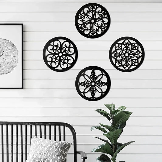 4 Teile schwarze Holz Wanddekoration Bauernhaus Wandkunst Dekoration hohl geschnitztes Design für Wohnzimmer Schlafzimmer Büro Küchen Dekoration