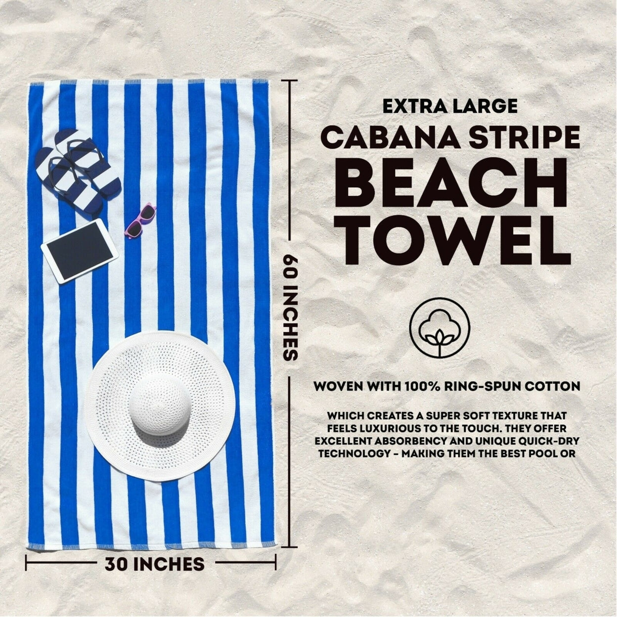 Frendorf | 4er-Pack: 30" x 60" Ultra-weiche 100% Baumwolle Streifen Pool Cabana Hotel Strandtücher
