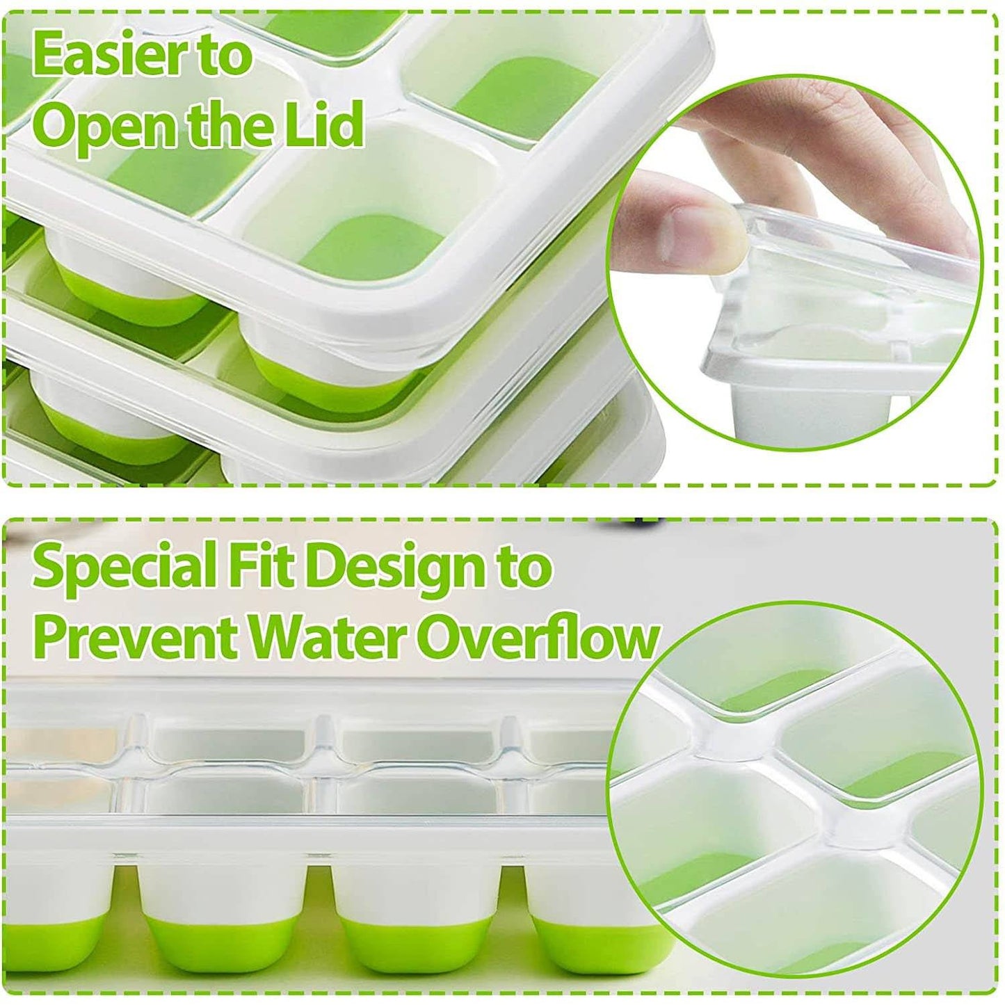 Frendorf | 4-Pack: Easy-Release Silikon & Flexible 14-Eiswürfelbehälter mit auslaufsicheren abnehmbaren Deckel