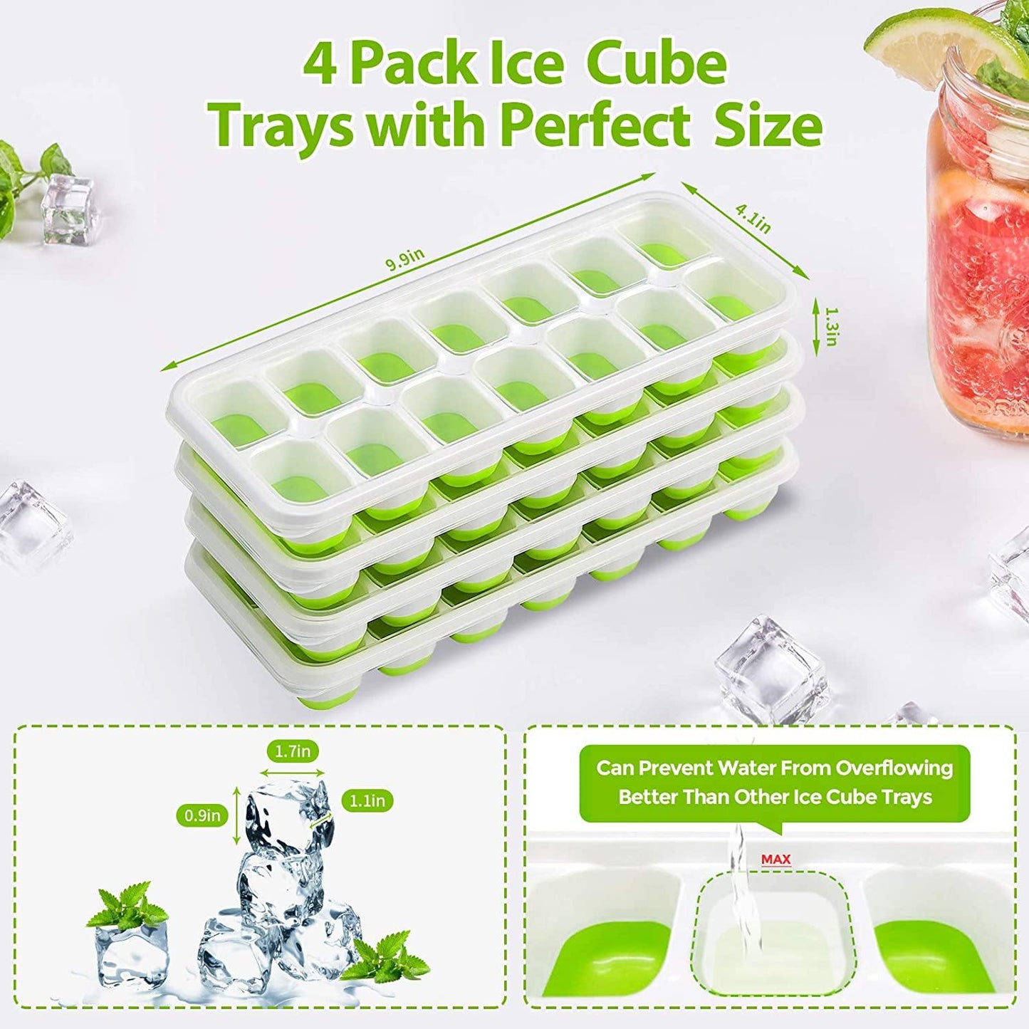 Frendorf | 4-Pack: Easy-Release Silikon & Flexible 14-Eiswürfelbehälter mit auslaufsicheren abnehmbaren Deckel