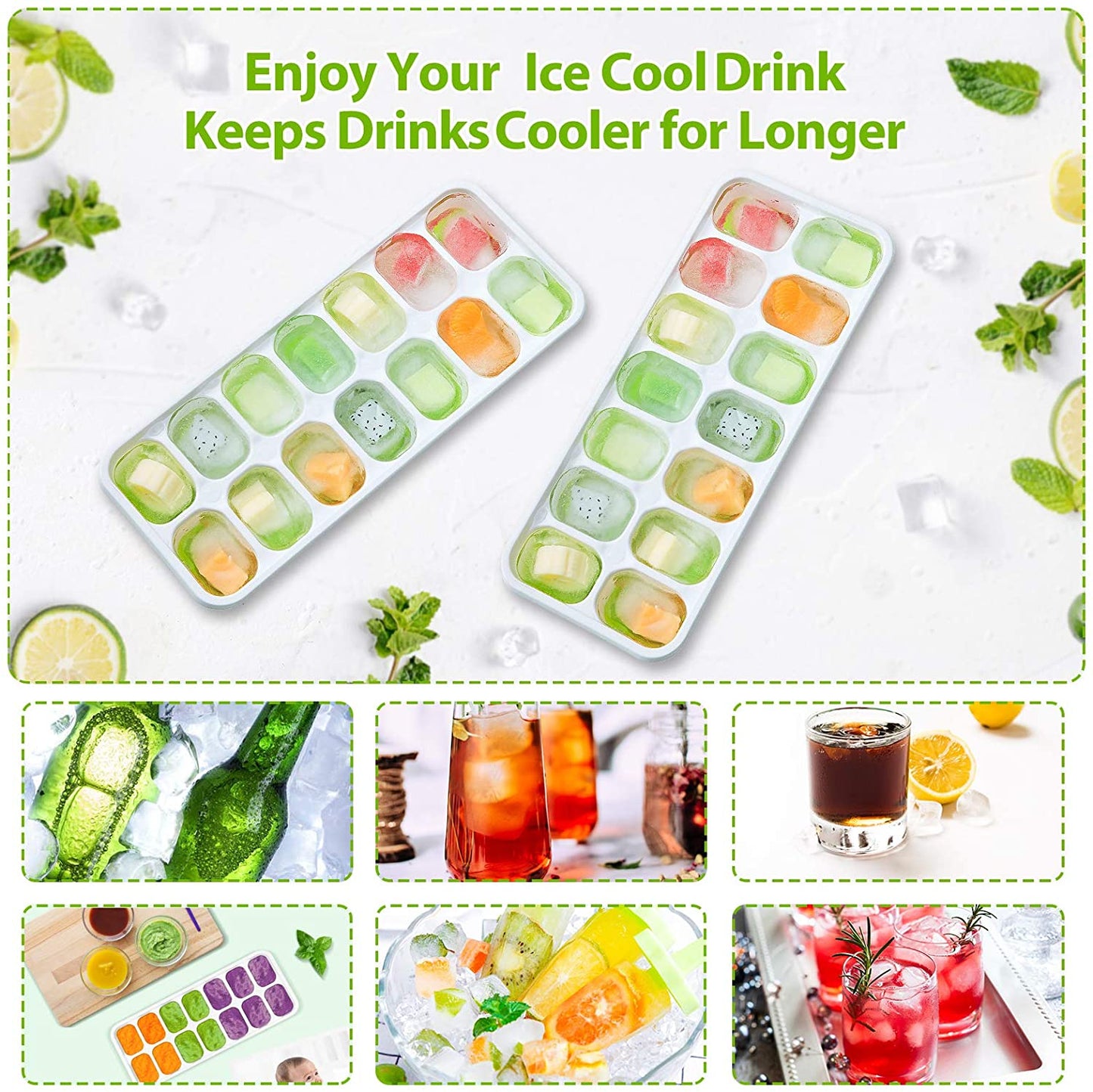 Frendorf | 4-Pack: Easy-Release Silikon & Flexible 14-Eiswürfelbehälter mit auslaufsicheren abnehmbaren Deckel