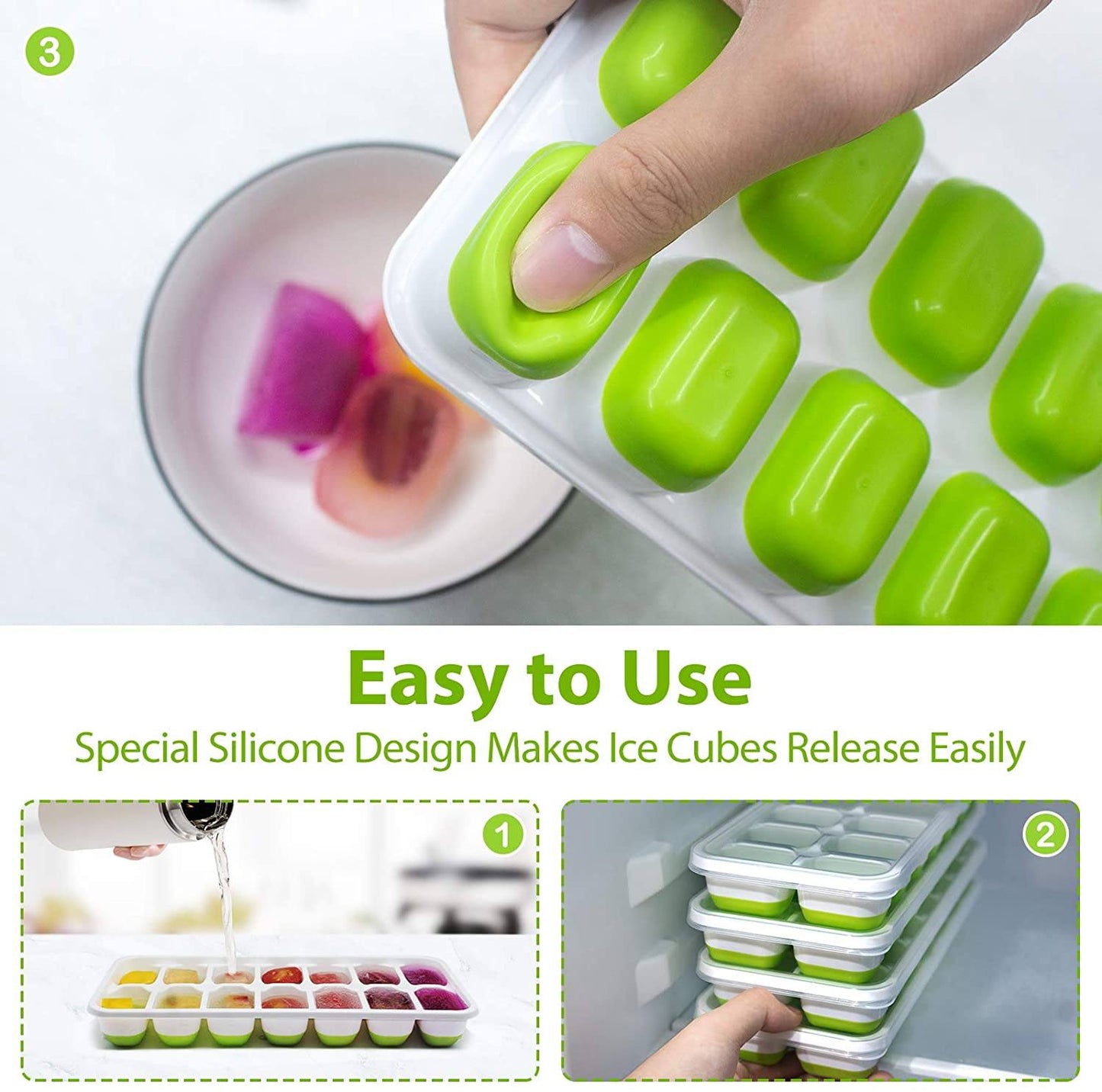 Frendorf | 4-Pack: Easy-Release Silikon & Flexible 14-Eiswürfelbehälter mit auslaufsicheren abnehmbaren Deckel