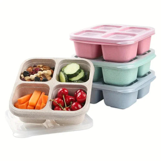 Frendorf | 4-Pack: Snackbehälter mit 4 Fächern, unterteilte Bento-Lunchbox mit transparenten Deckeln