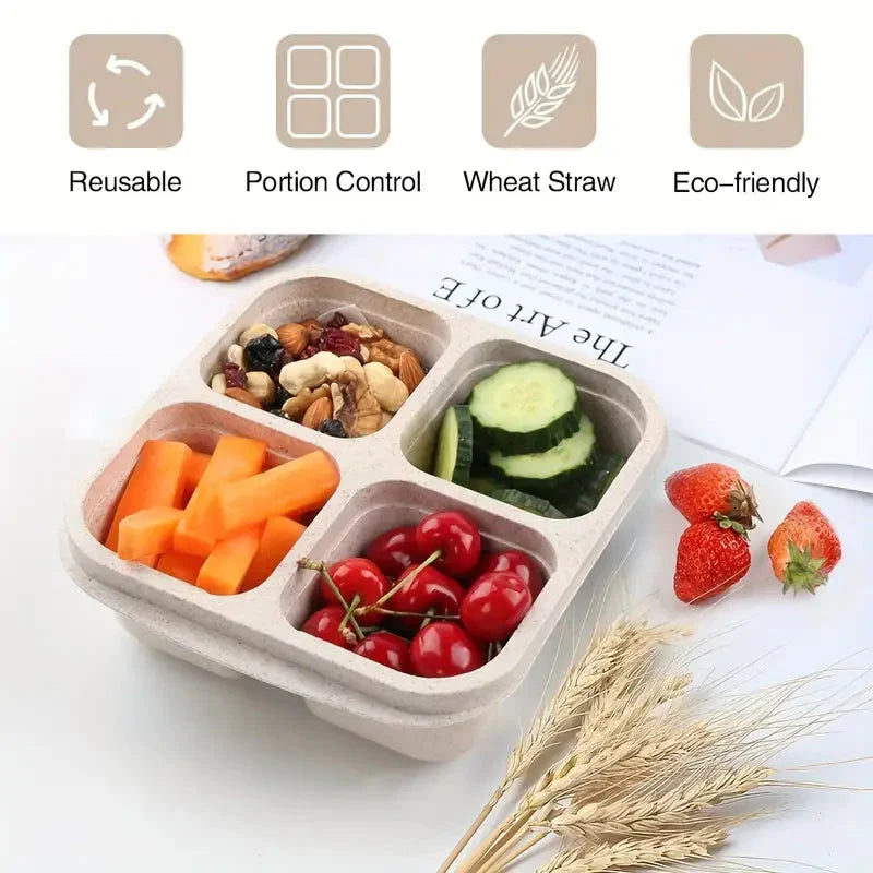 Frendorf | 4-Pack: Snackbehälter mit 4 Fächern, unterteilte Bento-Lunchbox mit transparenten Deckeln