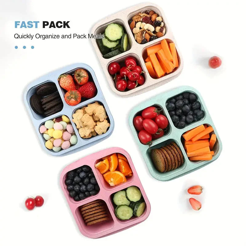 Frendorf | 4-Pack: Snackbehälter mit 4 Fächern, unterteilte Bento-Lunchbox mit transparenten Deckeln