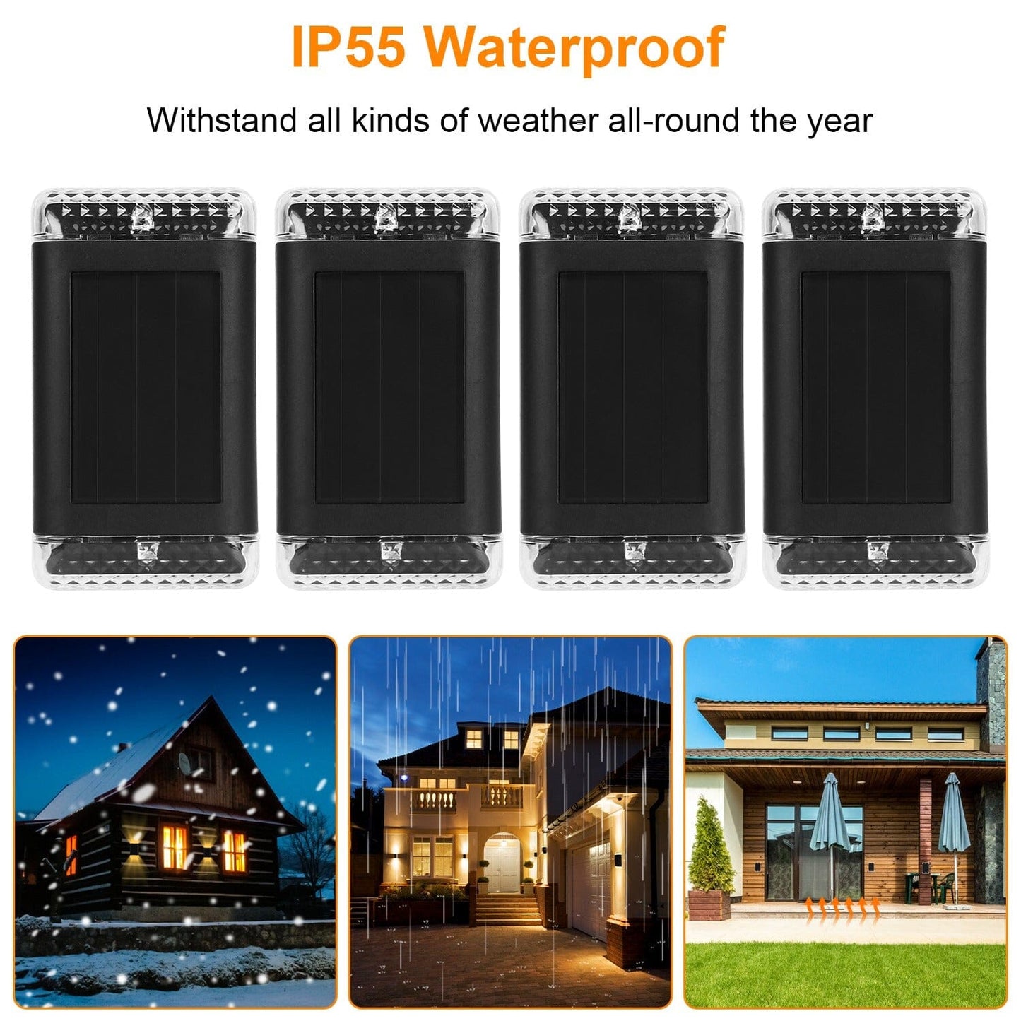 Frendorf | 4er-Pack: Solarbetriebene Wandleuchten IP55 wiederaufladbare optische Sensorslampe