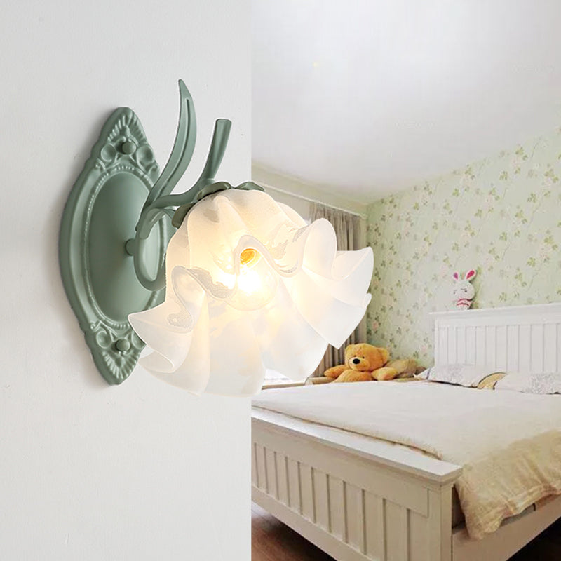 Frendorf | Schalengeschneider Schlafzimmer Wandleuchte Lampe Koreanische Blume Metall 1 Licht Grau und Grün Wandbeleuchtung