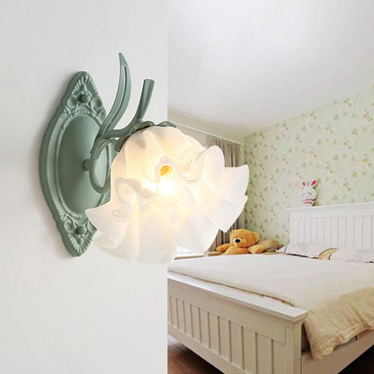 Frendorf | Schalengeschneider Schlafzimmer Wandleuchte Lampe Koreanische Blume Metall 1 Licht Grau und Grün Wandbeleuchtung