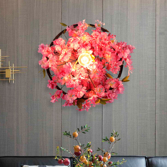Frendorf | Vintage Wagon Wheel Wandlamp 1 Lamp LED Metalen Wandarmatuur Verlichting in Roze/Groen met Bloem/Planten Decor