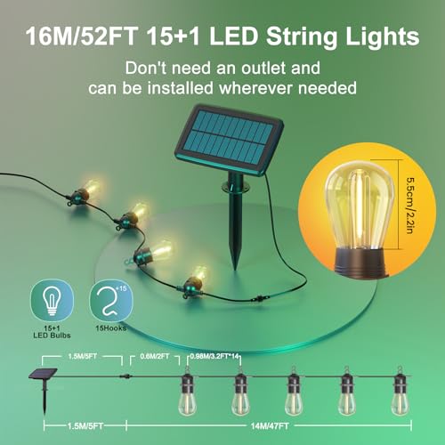 52FT Solar Lichterkette für den Außenbereich mit Fernbedienung, Warmweiß