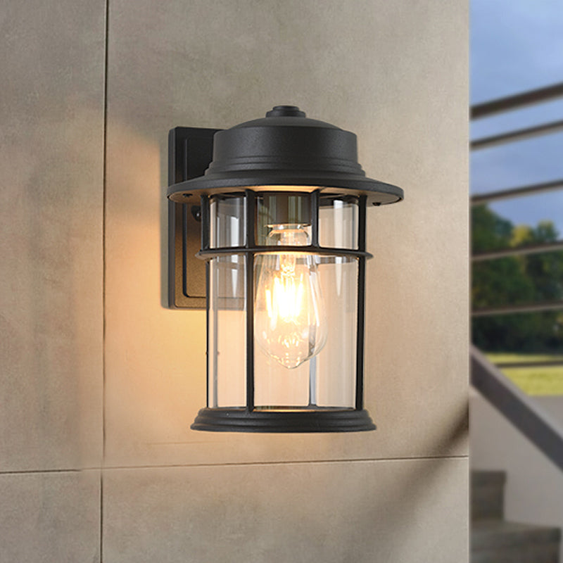Frendorf | Schwarze Ein-Lampe-Wandleuchte Industrie klares Glas Zylinder Beleuchtungseinrichtung mit rechteckiger/runder Wandplatte