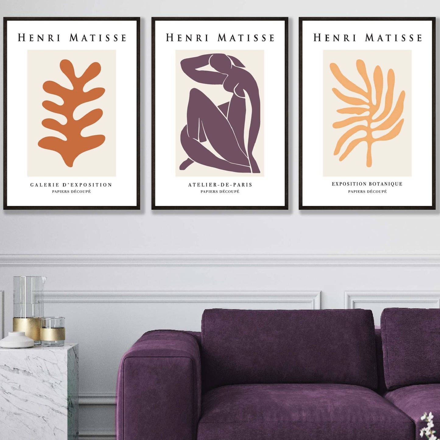 Matisse Floral und Nude Set aus 3 Wandkunst Drucken in Lila, Orange und Gelb