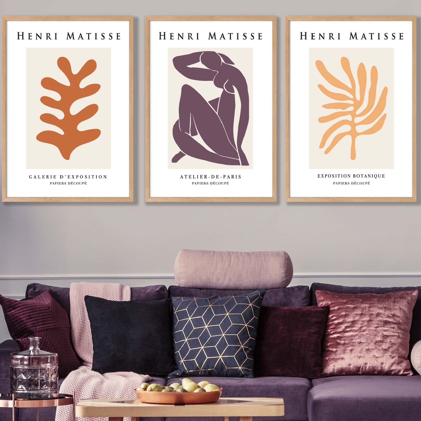 Matisse Floral und Nude Set aus 3 Wandkunst Drucken in Lila, Orange und Gelb