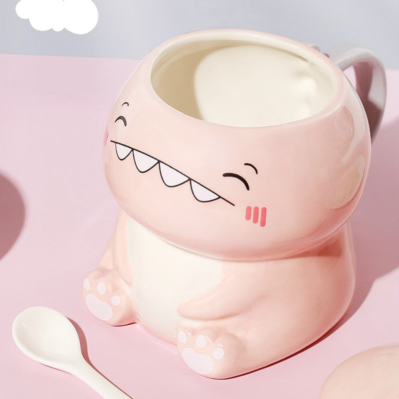 Frendorf | DinoSip Kreative Keramik Kaffeetasse | 450ml | Mit Löffel | Handbemalt | Milch- und Teebecher | Geschenkidee