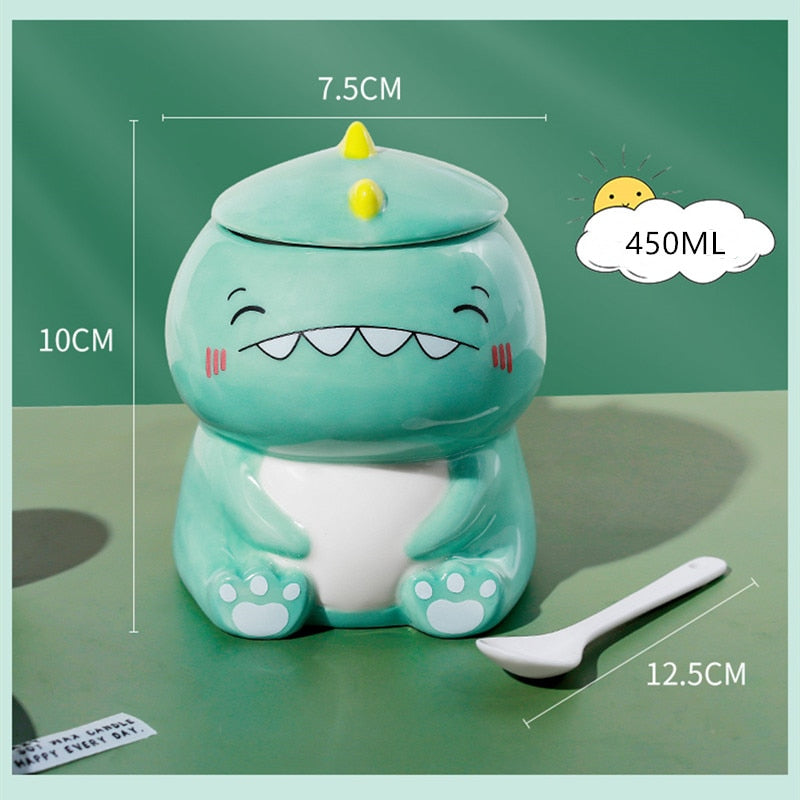 Frendorf | DinoSip Kreative Keramik Kaffeetasse | 450ml | Mit Löffel | Handbemalt | Milch- und Teebecher | Geschenkidee
