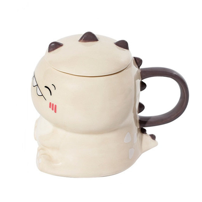 Frendorf | DinoSip Kreative Keramik Kaffeetasse | 450ml | Mit Löffel | Handbemalt | Milch- und Teebecher | Geschenkidee