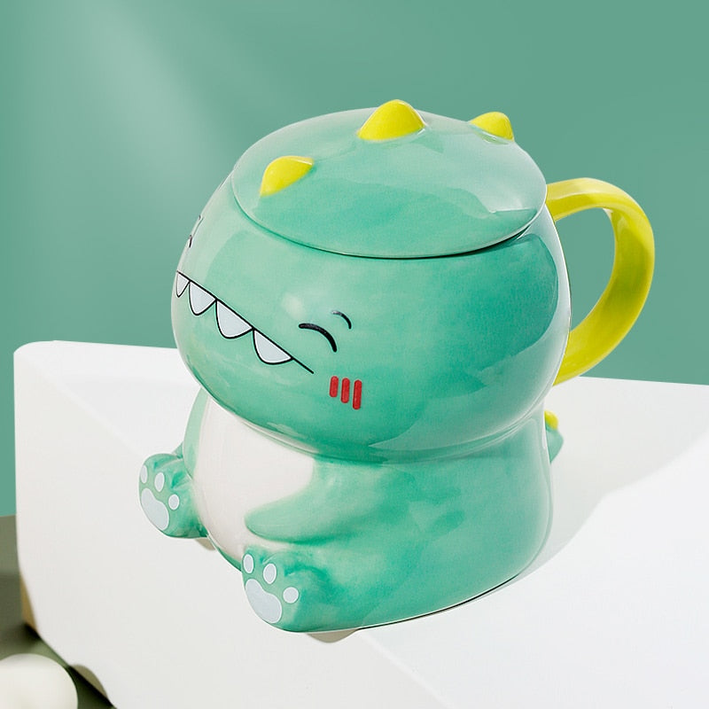 Frendorf | DinoSip Kreative Keramik Kaffeetasse | 450ml | Mit Löffel | Handbemalt | Milch- und Teebecher | Geschenkidee