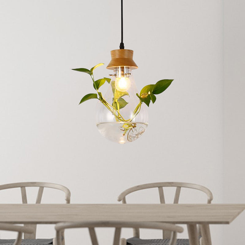 Exposed Bulb Esszimmer Hängelampe Kit Industrie Klar Glas 1 Licht Holz Pendelleuchte mit Kapuze