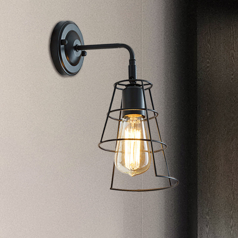 Frendorf | Vintage Style Conic Cage Wandlamp met Gebogen Arm 1 Licht Metaal Wandlamp in Zwart/Wit