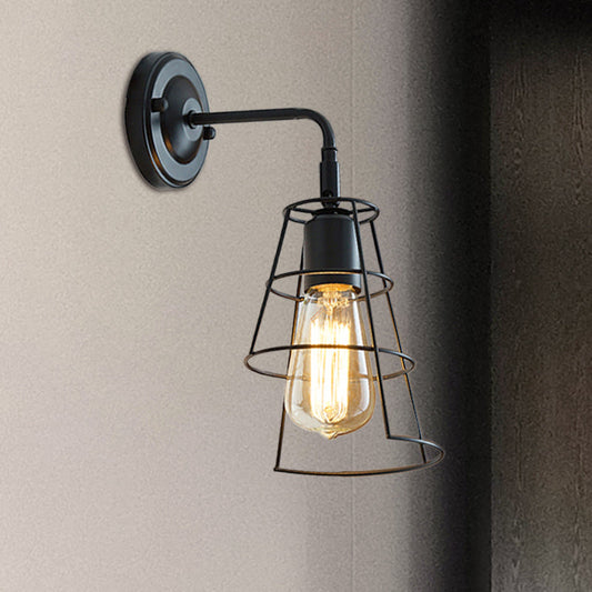 Frendorf | Vintage Style Conic Cage Wandlamp met Gebogen Arm 1 Licht Metaal Wandlamp in Zwart/Wit