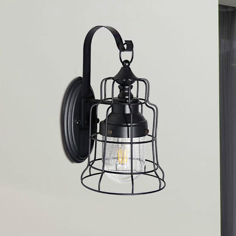 Frendorf | Küstenstil Glocken Käfig Wandlicht 1 Glühbirne Metall Wandlampe mit innerem Glasschirm und Gänsekopfarm in Schwarz
