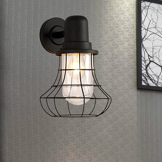 Frendorf | 1 Licht Draadframe Wandlamp Industrial Zwart Metaal Wandlamp met Binnenheldere Glazen Schaal voor Porche