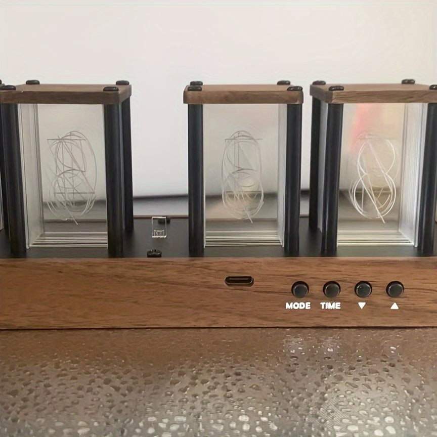 Frendorf Retro Röhrenuhr (Nixie Style) | RGB LED Digitaluhr mit Holzbasis für Einzigartige Innendekoration