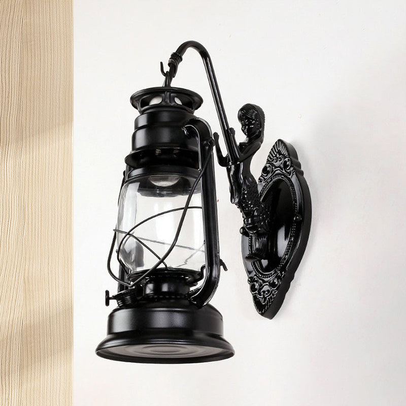 Frendorf | One Bulb Wandlamp met Lantaarn Schaduw Helder Glas Kust Slaapkamer Wandlamp in Zwart/Antiek Messing/Verweerd Koper met Zeemeermin