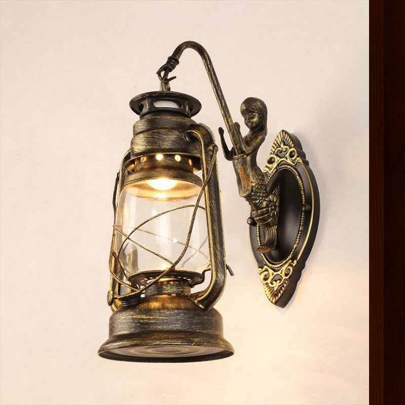 Frendorf | One Bulb Wandlamp met Lantaarn Schaduw Helder Glas Kust Slaapkamer Wandlamp in Zwart/Antiek Messing/Verweerd Koper met Zeemeermin