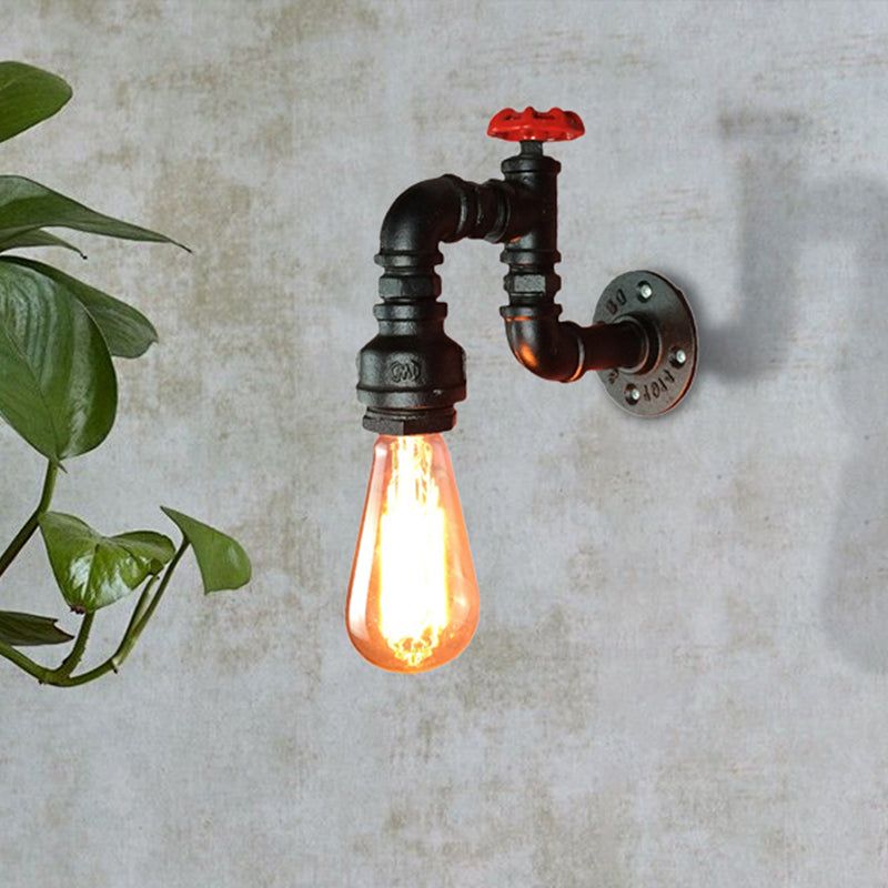 Frendorf | Schwarze 1 Kopf Wand Sconce Licht Rustikal Industrie Metallrohr Wandlampe mit rohem Wasserhahnventil für Wohnzimmer