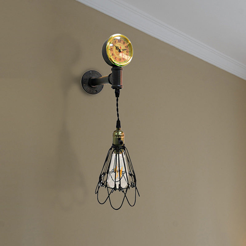 Frendorf | 1 Glühbirne Metall Wandlampe Bauernhaus Gealtertes Messing/schwarzer Drahtrahmen Flur Wandleuchte mit Messgerät