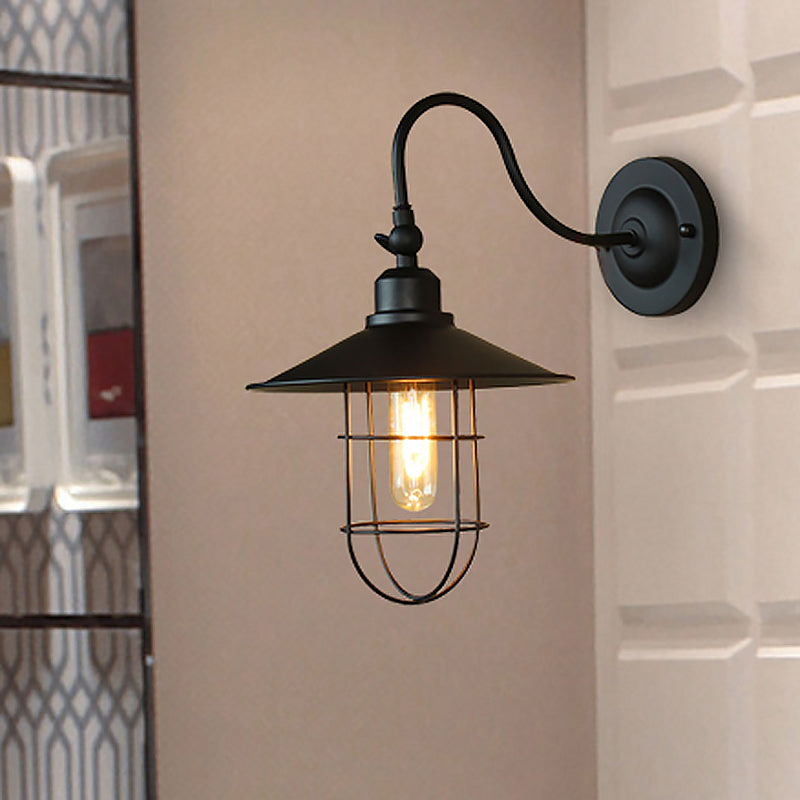 Frendorf | Metalen Zwarte Wandlamp Uitlopende Kap 1 Hoofd Nautische Stijl Wandverlichting met Draadframe voor Gang