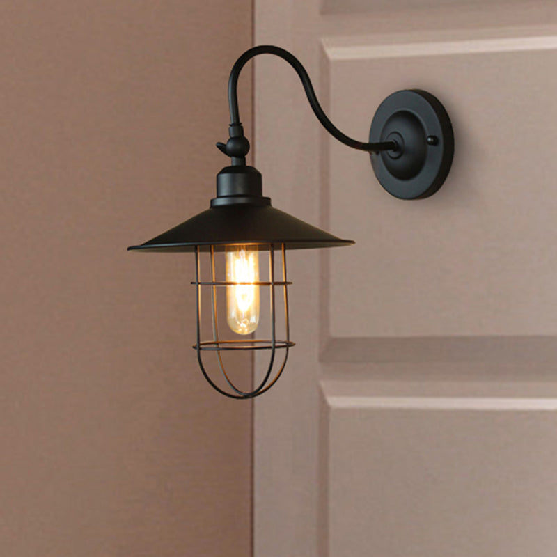 Frendorf | Metalen Zwarte Wandlamp Uitlopende Kap 1 Hoofd Nautische Stijl Wandverlichting met Draadframe voor Gang