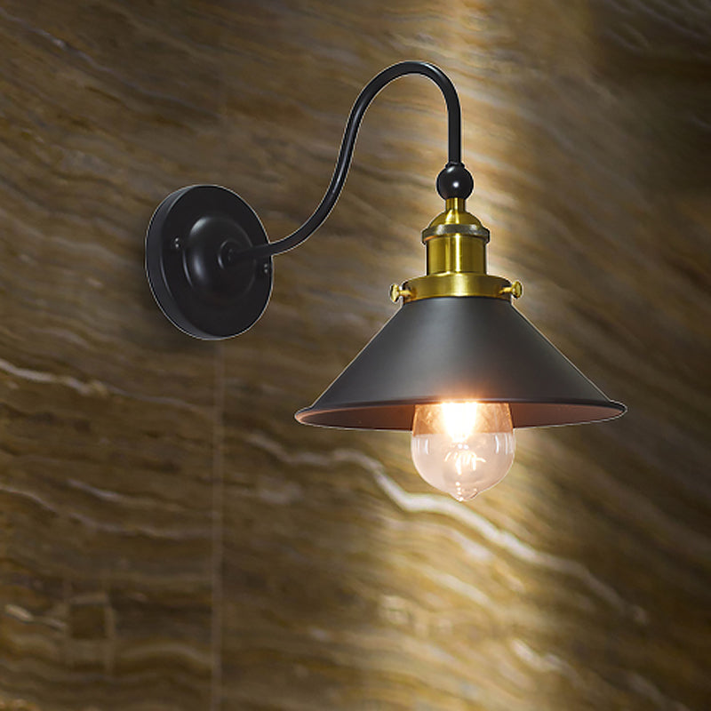 Frendorf | Schwarz 1 Licht Wandbeleuchtung Retro-Stil Metall konische Shade Wandleuchte mit Schwanenhalsarm für Flur
