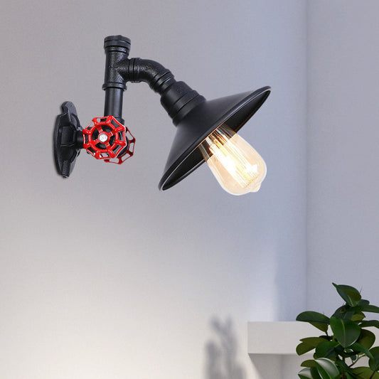 Frendorf | Eisen Schwarz Finish Wandlampe Sanitärrohr 1 Glühbirne Rustikal industrieller Wandmontage Licht mit flacher Schirm und rotem Ventil
