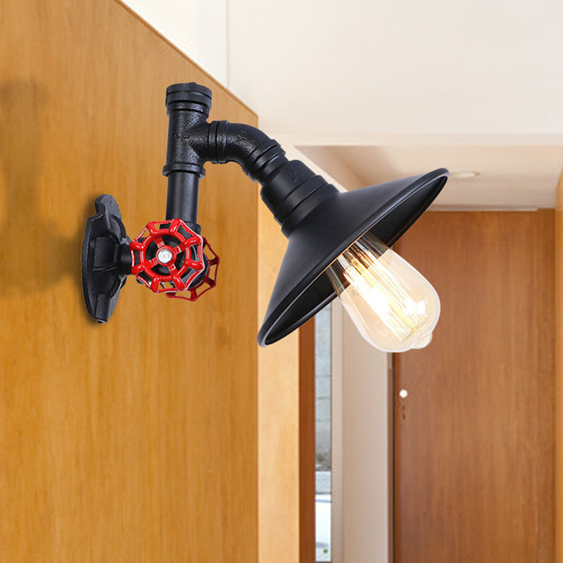 Frendorf | Eisen Schwarz Finish Wandlampe Sanitärrohr 1 Glühbirne Rustikal industrieller Wandmontage Licht mit flacher Schirm und rotem Ventil