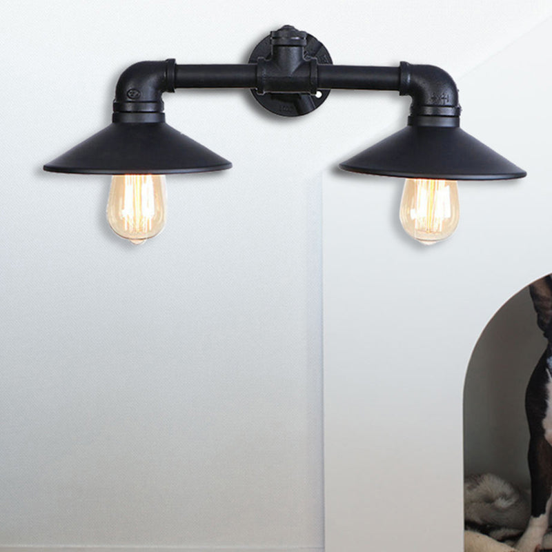 Frendorf | Schwarze Flare Shade Wandlampe Leuchte Industrielles Metall 2 Glühbirnen Esszimmer Wandleuchte Beleuchtung mit Rohr