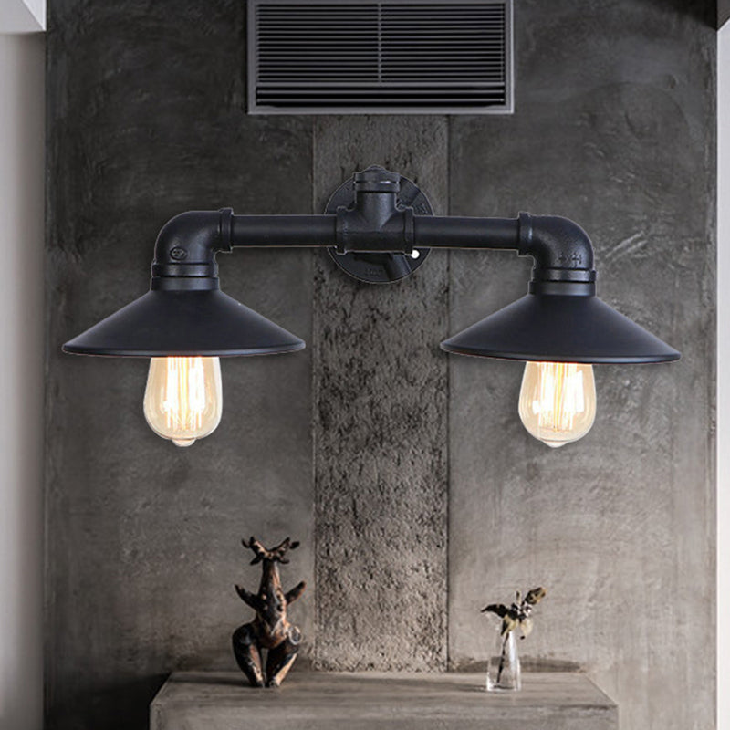 Frendorf | Schwarze Flare Shade Wandlampe Leuchte Industrielles Metall 2 Glühbirnen Esszimmer Wandleuchte Beleuchtung mit Rohr