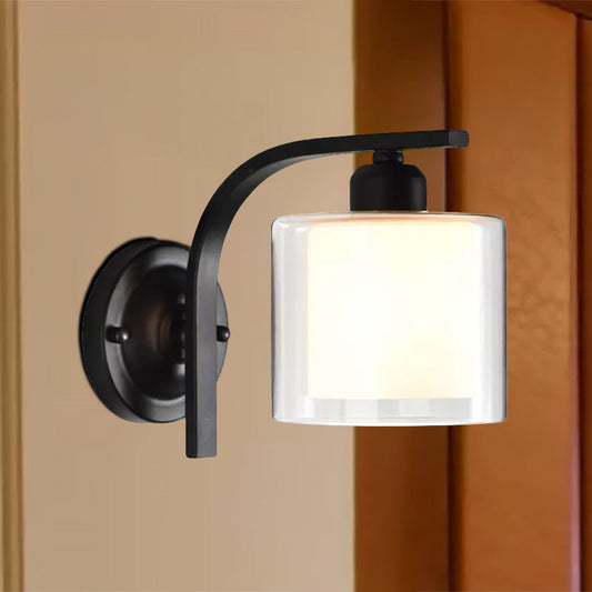 Frendorf | Inner Cylinder Klarglas Wandlamp Industrieel Enkele Bulb Slaapkamer Wandlicht met Gebogen Arm in Zwart