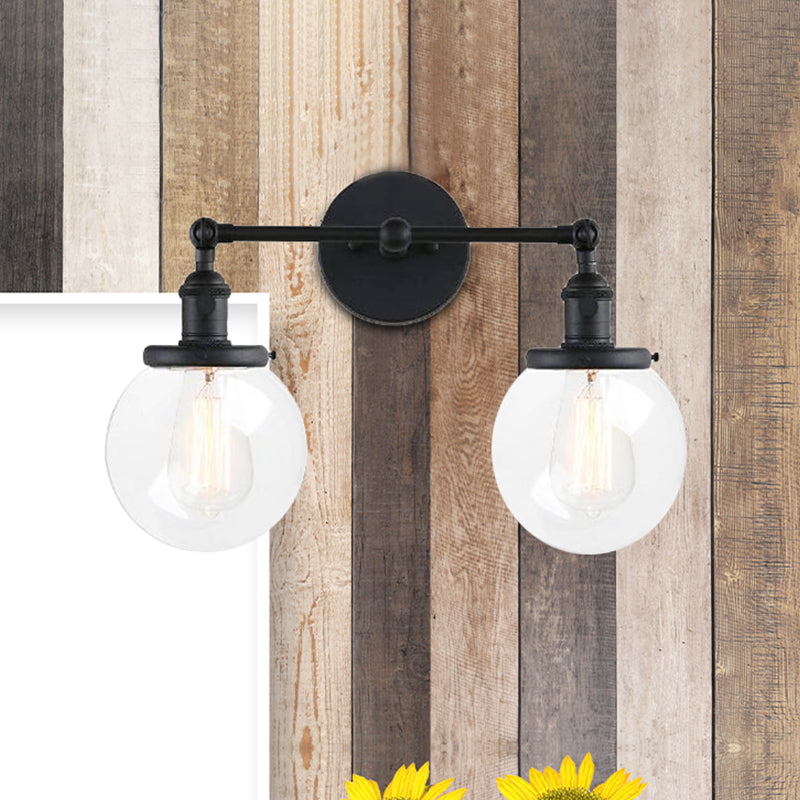 Frendorf | Runde Wohnzimmer Wandleuchte Industriell Klarglas 2-Lampe Schwarz/Messing Wandlampe für das Arbeitszimmer