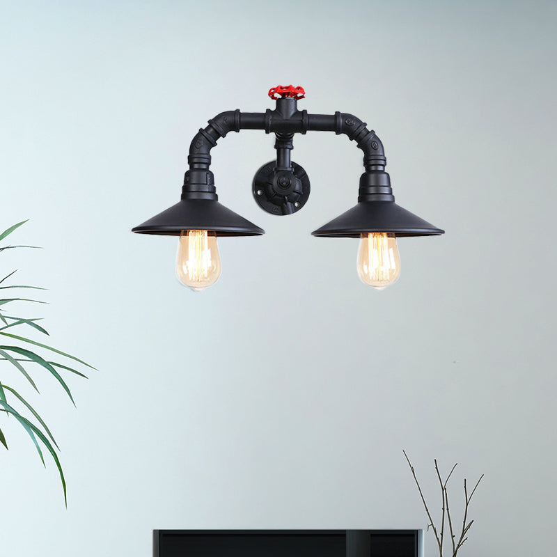Frendorf | Schwarze Sanitärrohr Wandbeleuchtung mit rohem Ventil Rustikal Industriell Metallisch 2 Licht Treppe Wandwandleuchte Licht
