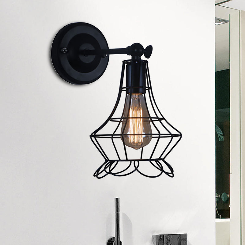 Frendorf | Schwarze Barrel/Geflanschte Käfig-Wandleuchte Industriedesign Metall 1 Kopf Wohnzimmer Rotierbare Wandmontage Licht