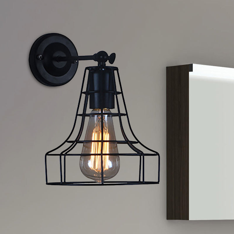 Frendorf | Schwarze Barrel/Geflanschte Käfig-Wandleuchte Industriedesign Metall 1 Kopf Wohnzimmer Rotierbare Wandmontage Licht