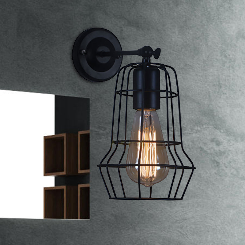 Frendorf | Schwarze Barrel/Geflanschte Käfig-Wandleuchte Industriedesign Metall 1 Kopf Wohnzimmer Rotierbare Wandmontage Licht