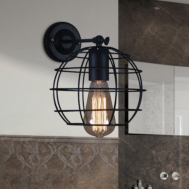 Frendorf | Schwarze Barrel/Geflanschte Käfig-Wandleuchte Industriedesign Metall 1 Kopf Wohnzimmer Rotierbare Wandmontage Licht