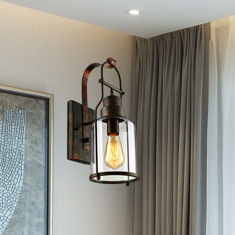 Frendorf | Zylinder klare Glas Wandmontierte Lampe Industrie Einzelne Glühbirne Wohnzimmer Wandleuchte in Schwarz/Weiß/Rost mit Käfig