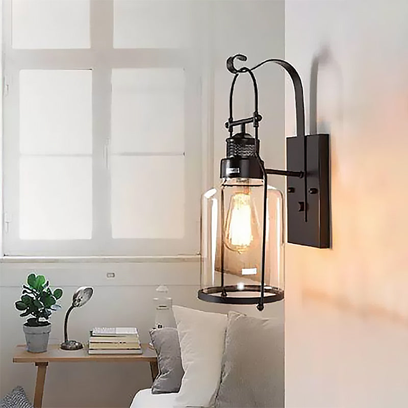 Frendorf | Zylinder klare Glas Wandmontierte Lampe Industrie Einzelne Glühbirne Wohnzimmer Wandleuchte in Schwarz/Weiß/Rost mit Käfig