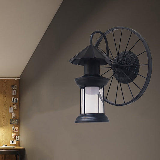 Frendorf | Zwarte/Bronzen Lantaarn Wandlamp Vintage Industrieel Metaal 1 Verlichting Restaurant Wandlamp met Wieldecoratie